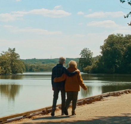 a man and woman walking on a path by a body of water